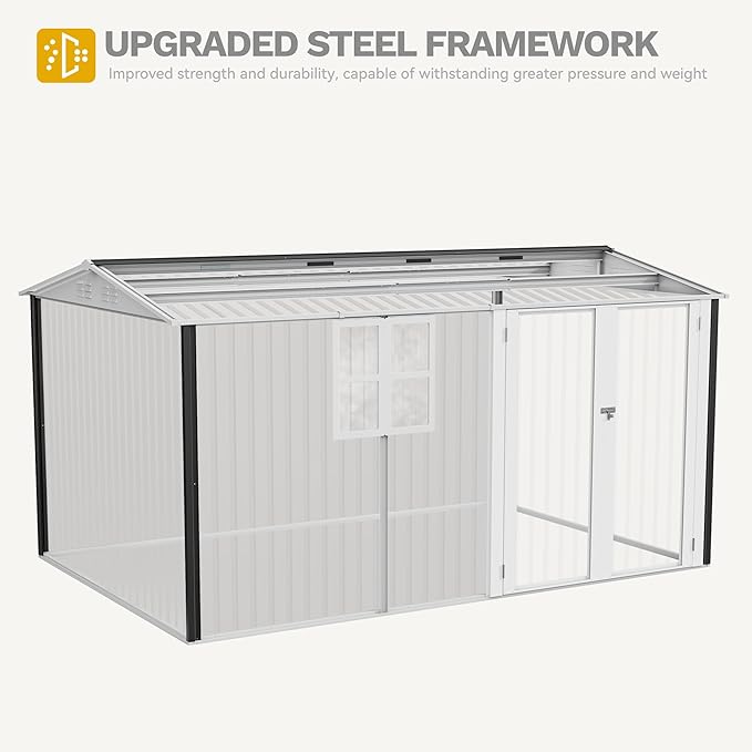 DWVO 12' x 8' Outdoor Storage Shed, Waterproof Metal Garden Shed with Windows, Lockable Doors, and Sloped Roof for Patio, Backyard, Lawn, Tool Storage, Bike Shed, Pet Shelter (Gray + White)