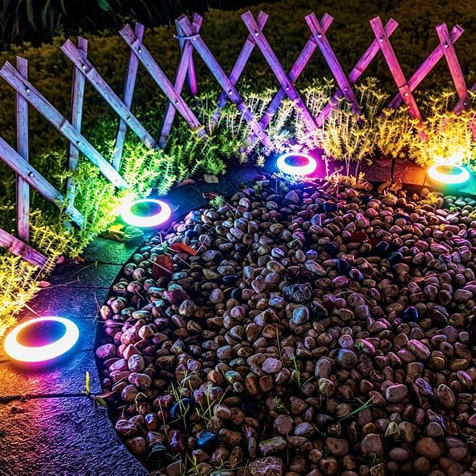 20 Lumens Colorized Solar Ground Lights,Solar Disc Lights,Solar Deck Lights with Mutiple Color Functions for Landscape, Pathway, Patio, Yard, Path, Lawn and Garden