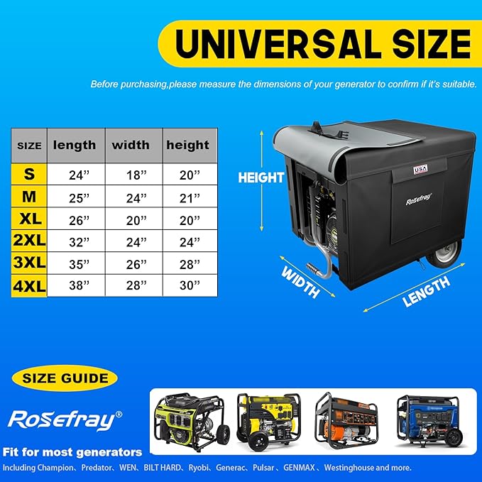 Rosefray Generator Cover-32”Lx24”Wx24”H,600D Heavy Duty Waterproof, Small Outside Equipment Cover for Champion,Predator,BILT HARD,Ryobi,Generac,Westinghouse Portable Generator 5000-10000W-Black/2XL