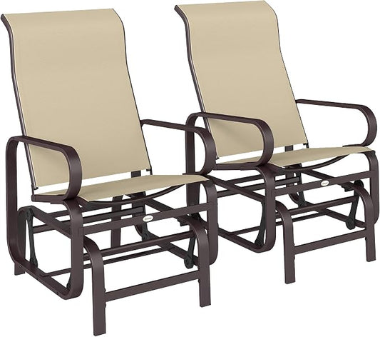 Outsunny Outdoor Glider Chair Set of 2, Gliders for Outside Patio with Smooth Gliding Mechanism and Lightweight Construction for Backyard, Khaki
