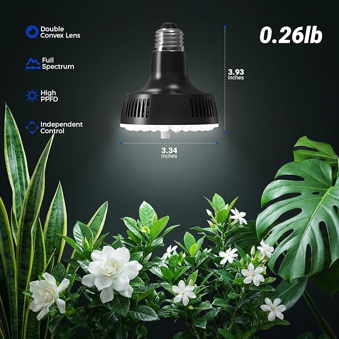 Barrina Orbgrow OG11A Grow Light Bulbs for Indoor Plants, Integrated Dimming & Timing, 5000K 44W(4 x 11W, 400 Watt Equiv), E26 Plant Light Bulb, Full Spectrum for Seeds and Greens, 4 Packs, Black