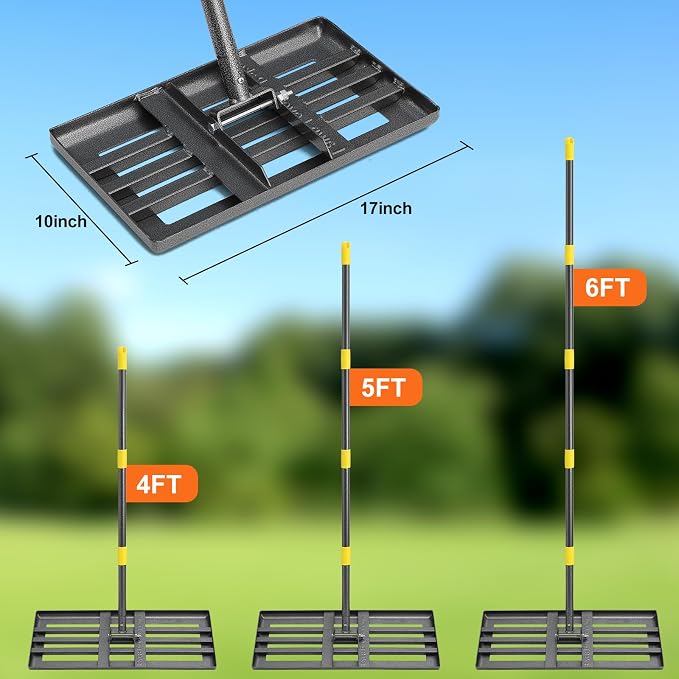 Lawn Leveling Rake, 62 Inch Adjustable Long Handle Leveling Rake, Black Heavy Duty & 1 Inch Diameter Stainless Steel Handle Lawn Rakes, Lawn Leveler Tool for Soil Grass Golf Field Yard