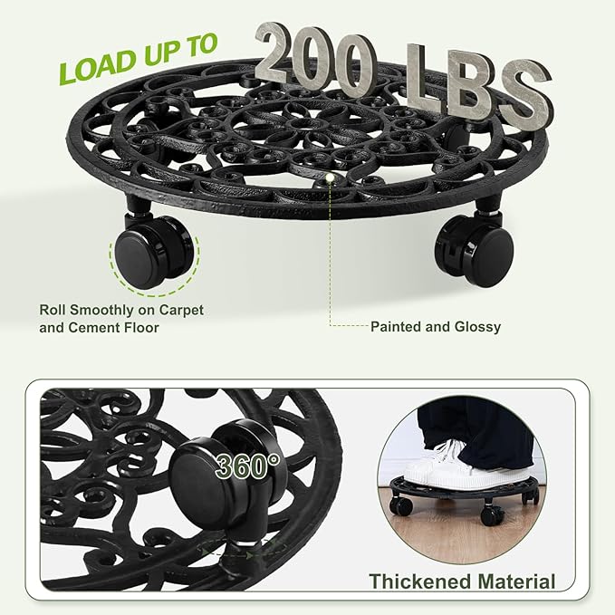 2 Packs Rolling Plant Stand with Wheels Metal Plant Caddy with Wheels Heavy Duty 13'' Round Plant Stand Indoor Iron Plants Rollers for Plants, Plant Dolly Plant Mover