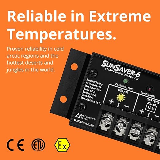 Morningstar SunSaver 6A PWM Solar Charge Controller (SS-6-12V) - Intelligent Solar Panel Regulator for 12V Batteries, Four Stage Battery Charging, HazLoc Rated, Low Noise, 5 Year WTY - Designed in USA