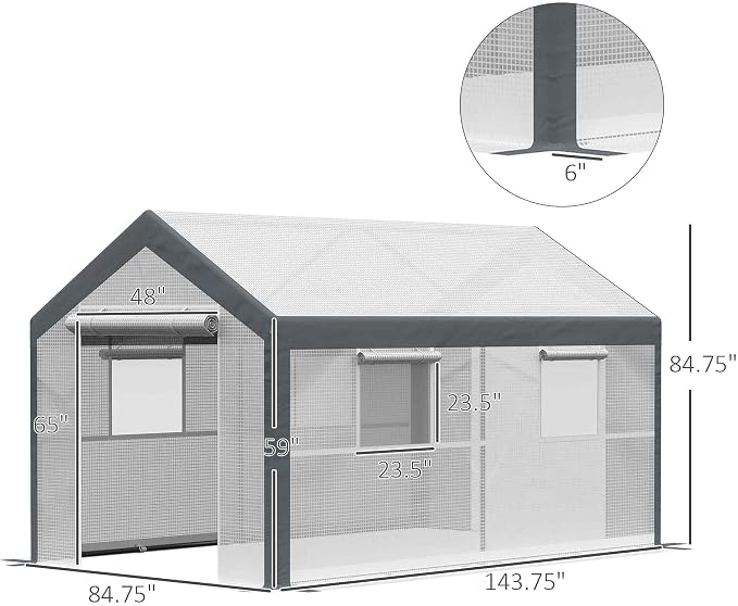 Outsunny 12' x 7' x 7' Greenhouse, Walk-in Outdoor Tunnel Green House with PE Cover, Steel Frame, 2 Roll-Up Zipper Doors & 4 Windows for Flowers, Vegetables, Tropical Plants, White