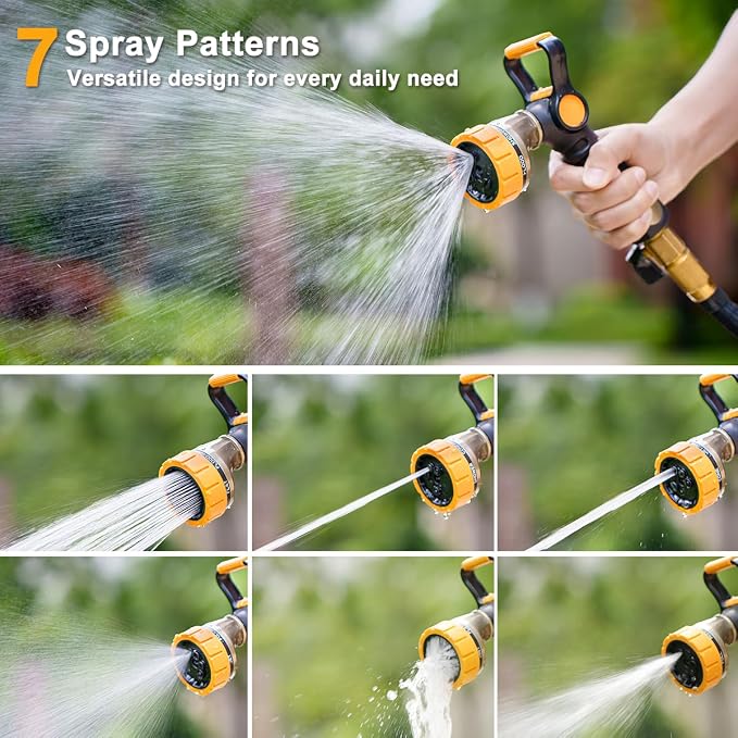 FANHAO Fireman-Style Garden Hose Nozzle, Heavy-Duty Metal Water Hose Sprayer with Lever Control & Thumb Control, 7 Spray Patterns, High-Pressure Water Nozzle for Lawn Watering, Car & Pet Washing