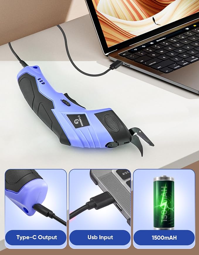 Sakerplus Cordless Electric Scissors, Fabric Scissors, Powerful Pinking Shears, Rechargeable Cardboard Cutter (Blue-Box(1 Tungsten Steel Blade))