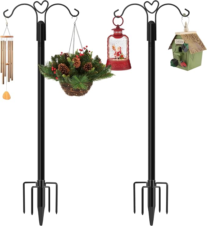 XDW-GIFTS Shepherds Hooks for Outdoor, 2-Pack 108 Inch Heavy Duty Bird Feeder Pole, Garden Pole for Hanging Plants, Lantern, Hummingbird Feeder, Hanging Plant Stand with 5 Base Prongs