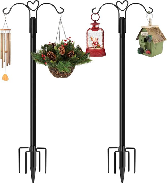 XDW-GIFTS Shepherds Hooks for Outdoor, 2-Pack 60 Inch Heavy Duty Bird Feeder Pole, Garden Pole for Hanging Plants, Lantern, Hummingbird Feeder, Hanging Plant Stand with 5 Base Prongs