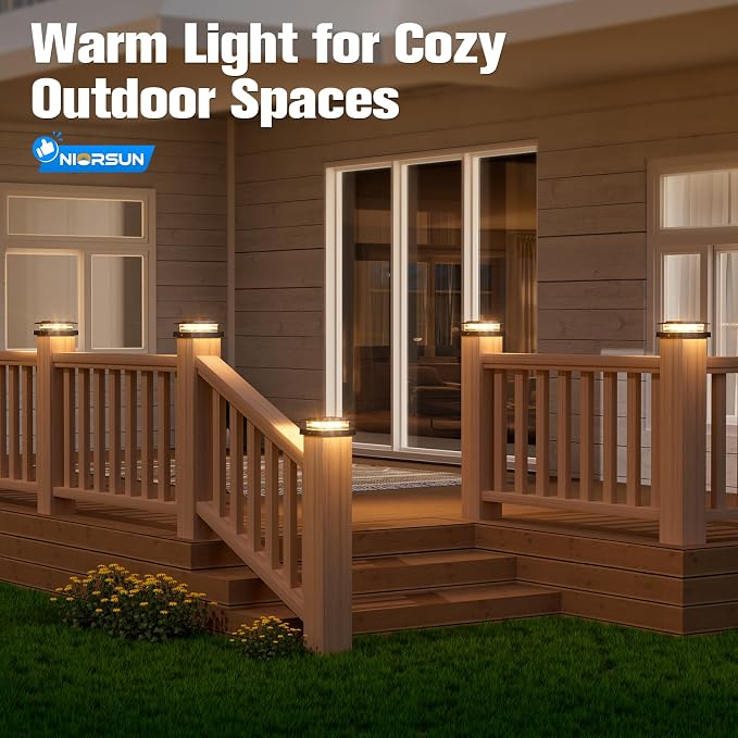 NIORSUN Solar Post Cap Lights Outdoor Waterproof, 4x4 Post Solar Lights 2 Color Modes, Fence Posts Solars Light for Deck Patio Garden Decoration, 4x4 Posts Caps Wood Vinyl, 12 Pack (Black)