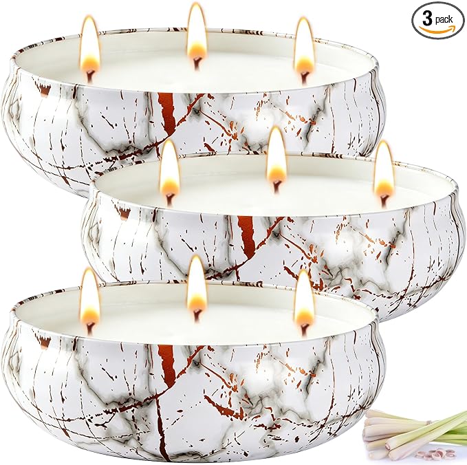 Citronella Candles Outdoor, 3 Pack Large Citronella Candle for Patio, 12oz, 3 Wick Soy Wax Candle, Long Lasting 240 Hours Total for Backyard Camping Deck Garden, Summer Indoor Outside Home Use