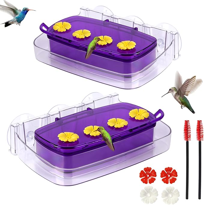 2 Pack Window Hummingbird Feeder with Strong Suction Cup, Plastic Hummingbird Feeders for Outdoors, Built-in Moat,Easy to Clean and Refil (10oz) (2, Purple)