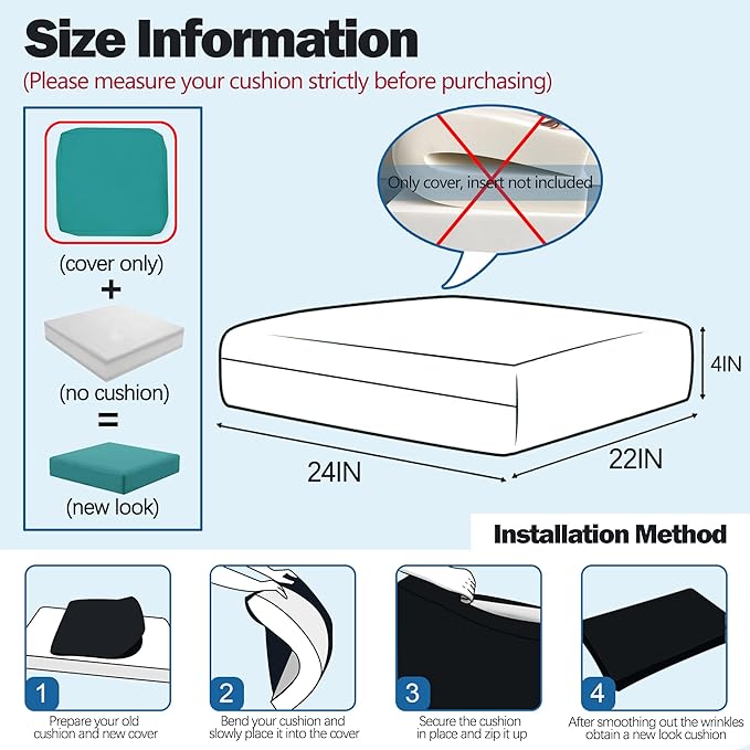 Sqodok Patio Cushion Covers, Waterproof Outdoor Cushion Covers Replacement, Patio Cushion Seat Slicovers for Sectional Sofa, Chair, Outdoor Wicker Patio Sofa (Sky Blue, 24"x22"x4"-4 Pack-Cover ONLY)