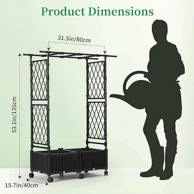FOLLOOK Planter Box with Trellis Outdoor, 53.1in Plastic Raised Garden Bed with Trellis Hanging Roof for Vine Flower, with Lockable Wheels & Drain Plug for Patio Backyard Balcony, Black, 1 Pc