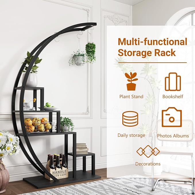 IDEALHOUSE 2 Pack 5 Tier Tall Indoor Plant Stand, Metal Half Moon Tiered Flower Rack, Space-Saving Design with 6 Hangers for Multiple Plants Display, Decorative Shelf for Home & Outdoor,Brown