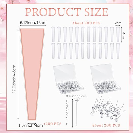 Outus Flower Bouquet Accessories 200 Pcs Single Rose Sleeves with 200 Floral Water Tubes and 200 Crystal Diamond Head Bouquet Pins for Valentine's Day Mother's Days Supplies Graduation(Pink)