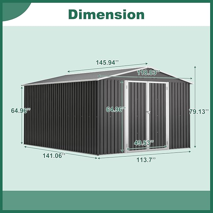 KEIKI Storage Shed 10x12 FT, Large Metal Tool Shed for Outdoor Storage, Galvanized Steel Garden Shed with Lockable Doors for Patio, Backyard, Lawn, Black