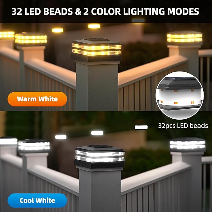 EXCMARK 4x4 Solar Post Cap Lights Outdoor Waterproof 8 Pack Fence Deck Post Lights with High-Brightness LEDs, Dual Light Modes Warm White & Cool White. (Classic Black, 8)