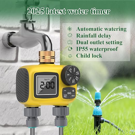 150FT Drip Irrigation System Kit with 2 Zone Water Timer for Garden,High-Flow Mainline Automatic Watering System,16PCS Adjustable Nozzles,Fast-Plug Tube for Agricultural Yard,Lawn,Greenhouse