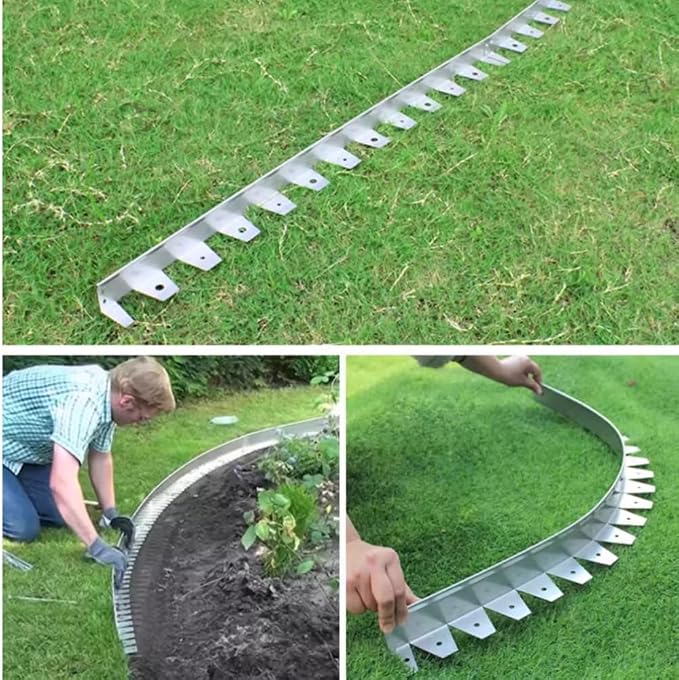 33 Ft 10 Pcs No Dig Stainless Steel Metal Lawn Edging - Flexible Garden Landscape Border with Stakes, Sliver for Lawn Flower Garden Yard