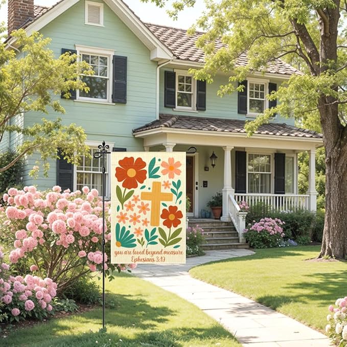 You Are Extremely Loved Garden Flag Double Sided Yard Outdoor Decor 12x18 Inch, Ephesians 3:19 Religious Inspirational Porch Decor Gifts, Christian Vintage Floral Cross Garden Flag