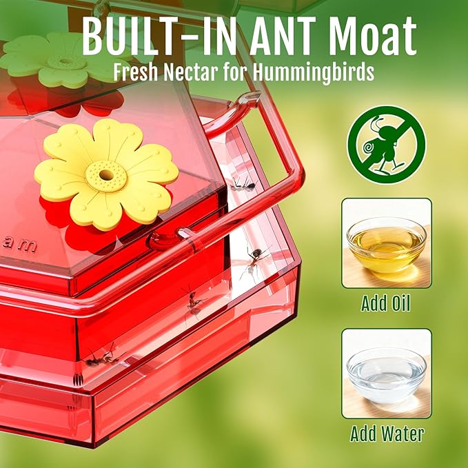 Birdream Window Hummingbird Feeder for Outdoors, 4.4OZ Hummingbird Feeder with Strong Suction Cups, Built-in Ant Moat & 3 Ports, Includes Metal Base and Brush, Easy to Clean & Refill— Red