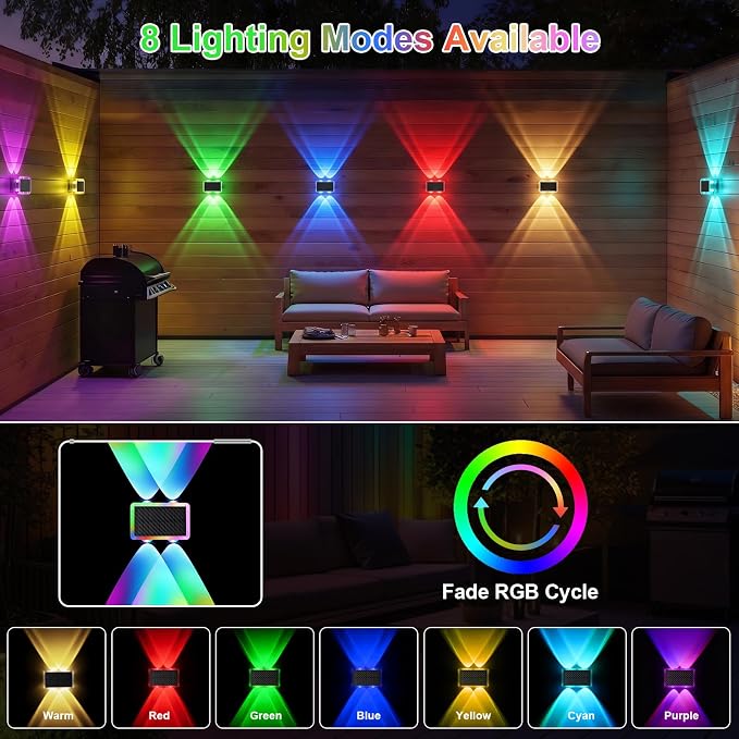 Solar Fence Lights Outdoor Waterproof LED, New Up Down Glow Wall lights Solar Powered with 8 Modes 6 Color Changing Warm White & RGB Cycling, Solar Patio Light for Backyard Railing Deck Decor-12 Pack
