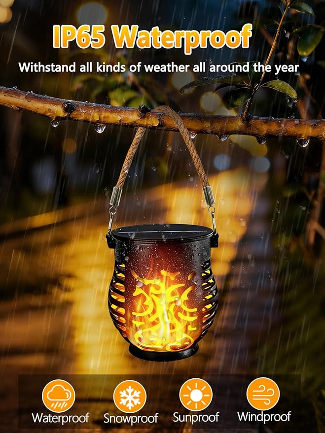 4 Pack Solar Lanterns Outdoor Waterproof, Solar Lantern with Realistic Flickering Flame, Auto On/Off Solar Powered Garden Light with Hemp Rope Handle for Outside Tree Patio Porch Camp Tabletop Decor
