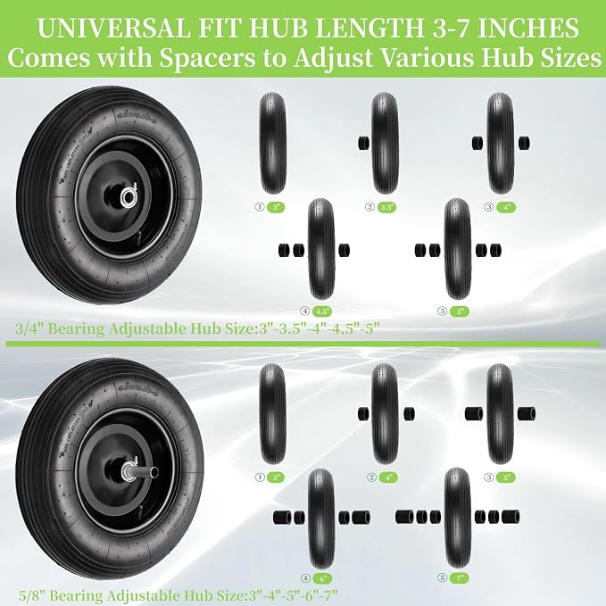 RRQ (2 Pack) 4.80/4.00-8 Tire and Wheel, 16" Pneumatic Wheelbarrow Tires with 3" Centered Hub and 3/4" Bearings (Comes with 5/8" ID Iron Tube Adapter), for Wheelbarrow, Garden Cart, Trailer and More