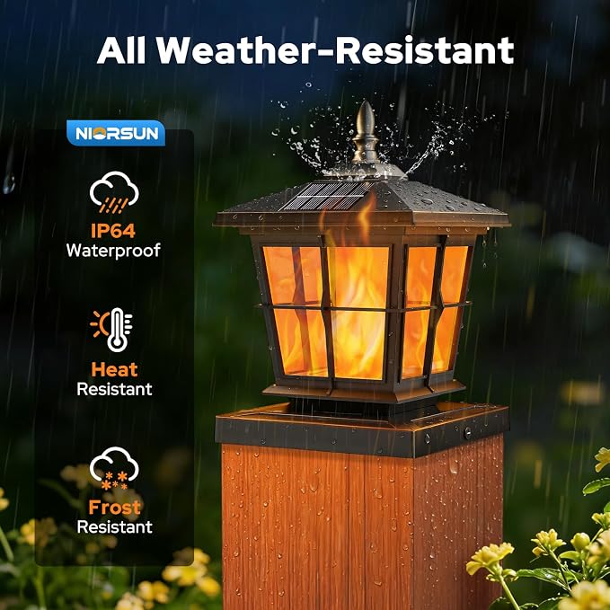 NIORSUN Solar Post Lights Outdoor, Fence Post Solar Lights with Flickering Flame Light, Waterproof, Garden Patio Fence Deck Decor, 4x4 Posts Caps, 4x4, 5x5 Wooden & Vinyl (6 Pack, Black)