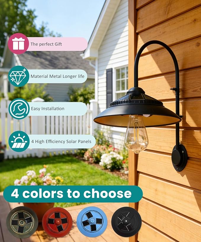 Goodeco Solar Barn Lights for Outside - 2 Pack Outdoor Lights with Motion Sensor, 4 High Efficiency Solar Panels, Warm White Edison LED Bulb for Chicken Coop, Porch, Barn, Shed, Garden (Black)
