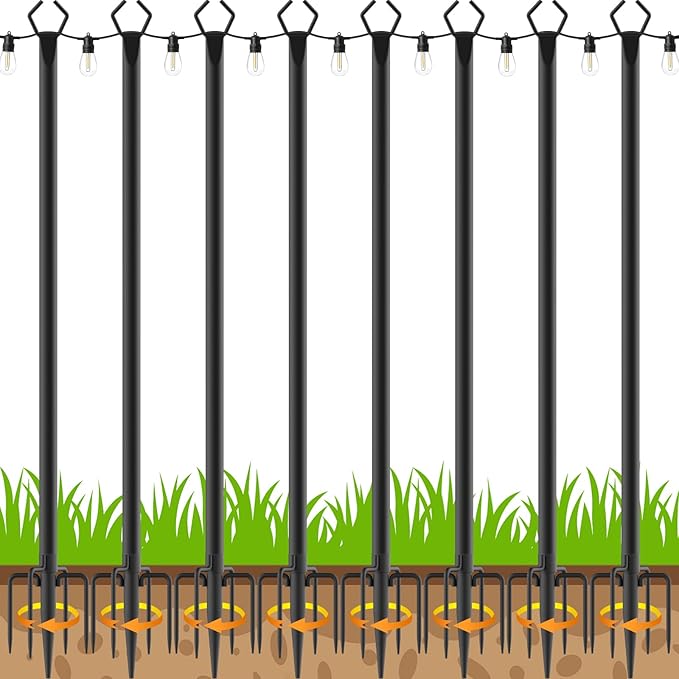 8 Pack 10 ft Heavy Duty Metal String Light Poles Adjustable Outdoor Lighting Stand for Patio,Backyard,Garden,Party & Wedding Rustproof & Sturdy with Hooks