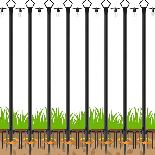8 Pack 10 ft Heavy Duty Metal String Light Poles Adjustable Outdoor Lighting Stand for Patio,Backyard,Garden,Party & Wedding Rustproof & Sturdy with Hooks