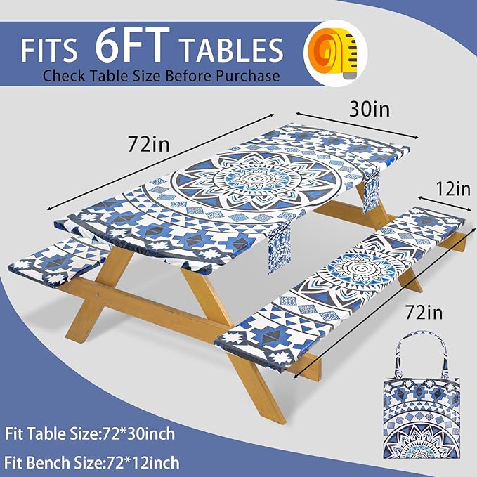 Fitted Waterproof Picnic Table Cover with Bench Covers Elastic 72×30Inch Weather Proof Non Slip Camping Table Clothes for 6Feet Rectangle Tables Campers Summer Fall Travel Hiking Tools Gifts