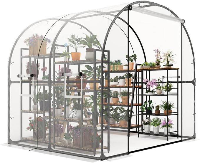 GarveeHome 6.6X8.2x6.6 Tunnel Greenhouses, Heavy Duty Walk-in Greenhouse for Outdoors with PE Cover, Instant Pop-Up Sturdy Metal Frame Hoop House with Zippered Roll-Up Door &4 Ventilated Mesh Windows