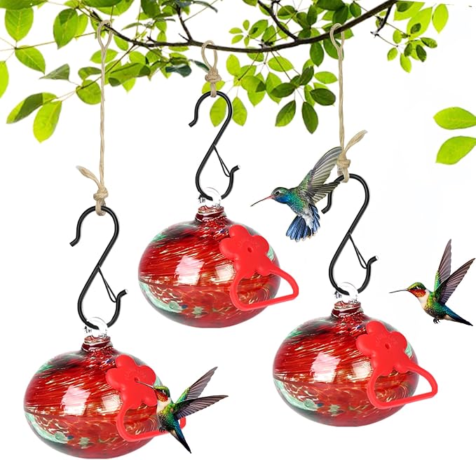Pozfun Set of 3 Hummingbird Feeders for Outdoors Hanging,Hand-Blown Glass Hummingbird Feeder with Silicone Feeding Perch,Never Leak,Gardening Gifts for Woman Man(Red)