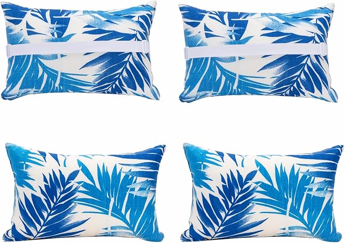 JMGBird Waterproof Chaise Lounge Pillows Set of 4-10x16 Inch White Blue Palm Leaf Outdoor Headrest Cushions with Adjustable Straps for Pool Patio Beach Chair