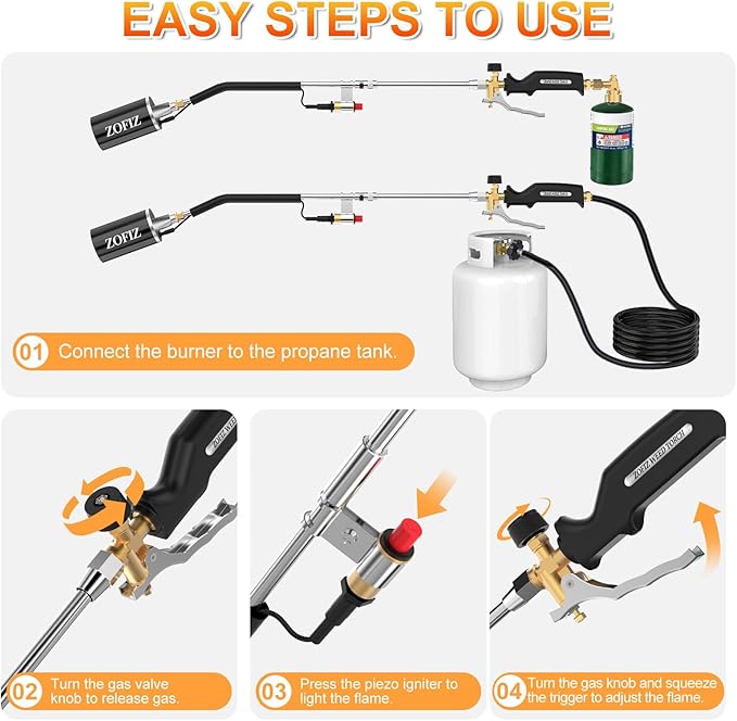 Propane Torch Weed Burner Kit, 33.5" Blow Torch with 1lb Propane Cylinder Converter, 10 FT Hose, Heavy Duty Torch with Turbo Trigger for Weeds, Roofing, Ice & Snow Melting(Fuel Not Included)