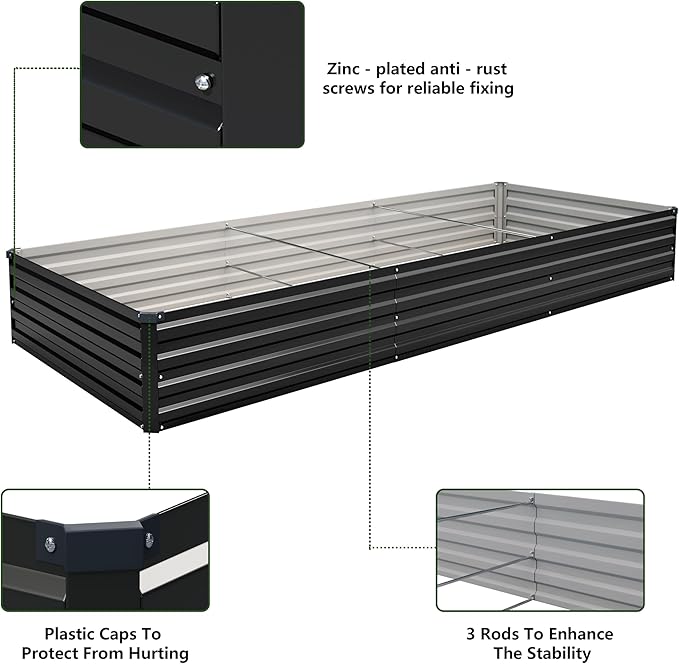 10×3×1FT(2PCS) Galvanized Raised Garden Bed Kit Metal Planter Boxes,Large Outdoor Planters Garden for Planting Vegetables,Flowers,Herbs -Black