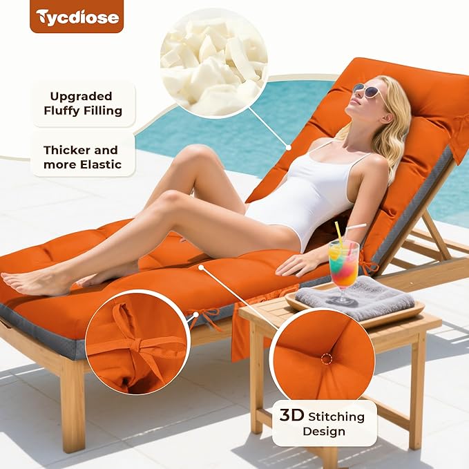 Outdoor Lounge Chair Cushion, Waterproof Replacement Chaise Lounge Cushions for Outdoor Furniture Thickened 71 x 22 x 4.7 Inches Non-Slip Patio Pool Lounge Chair Cushions with Ties (Orange)