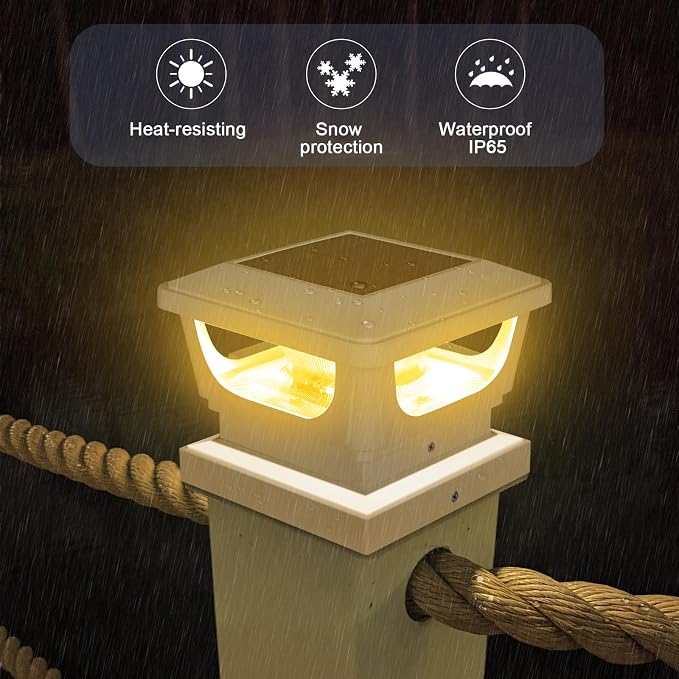 Sumaote Solar Post Caps Lights for 3x3 Metal/Vinyl & 4x4 Wood Posts, IP65 Waterproof, 120 Lumen 3000K Warm White LED Lighting for Garden, Fence, Deck and Mailbox, Dusk-to-Dawn, White Shell (4 Pack)