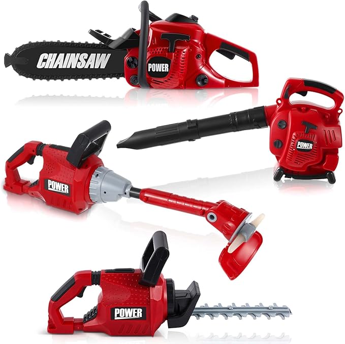 Arrowbash 4 Pcs Toy Gardening Tool Set for Kids Toy Leaf Blower Chainsaw Weed Trimmer Hedge Trimmer Battery Play Set Christmas Birthday Party Gift for Boys Girls