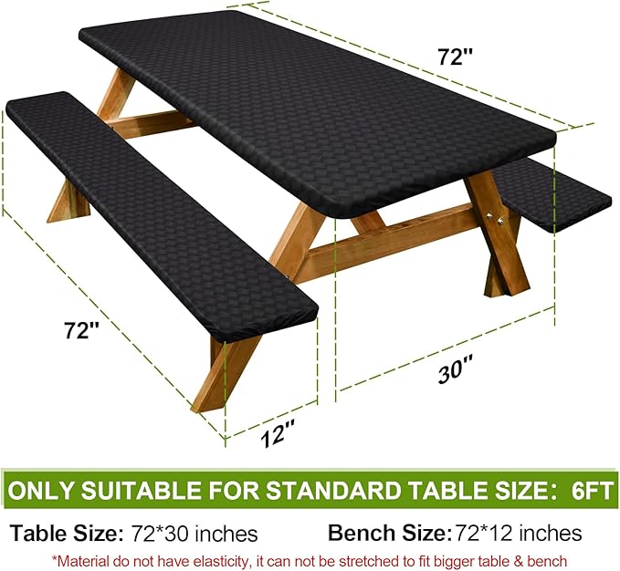 Play Tailor Picnic Table Cover with Bench Covers Camping Essentials Waterproof Windproof Camping Tablecloth with Drawstring Bag, Fitted Rectangle Tables and Seats, 72in, Black