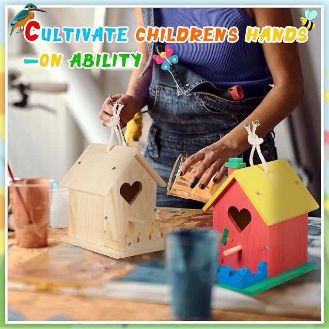 Juexica 2 Pack DIY Birdhouse Kits for Kids Ages 6+ Build and Paint Wooden Bird House Arts and Craft Project with Paint Strips Brushes for Boy Girl Adult Classroom Indoor Outdoor Crafts (Love Shaped)