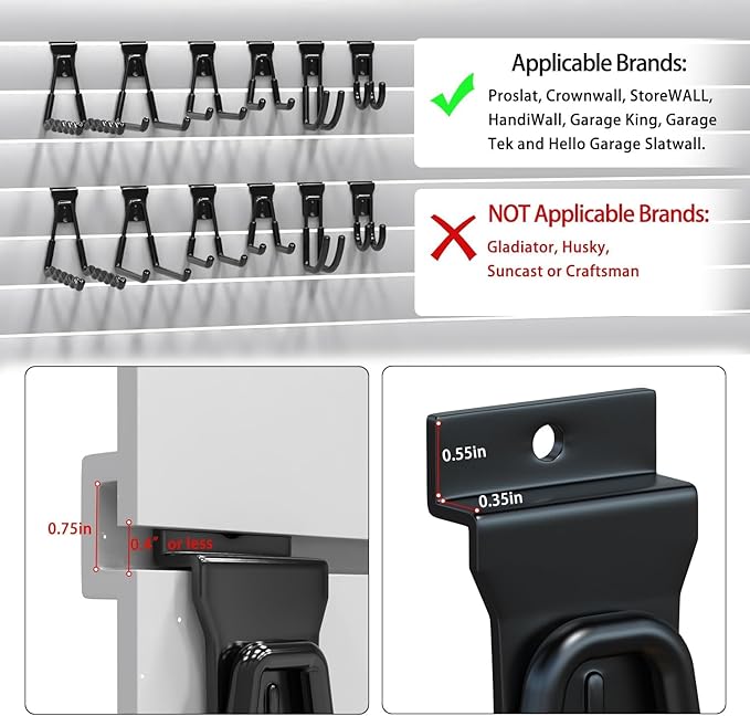 3-H Slatwall Hooks 14 Pack Heavy Duty Multi Sizes, Slatwall Accessories & Hangers Compatible with Proslat Handiwall Crownwall StoreWALL, Garage Slat Wall Hooks for Tools & Daily Items(Black)