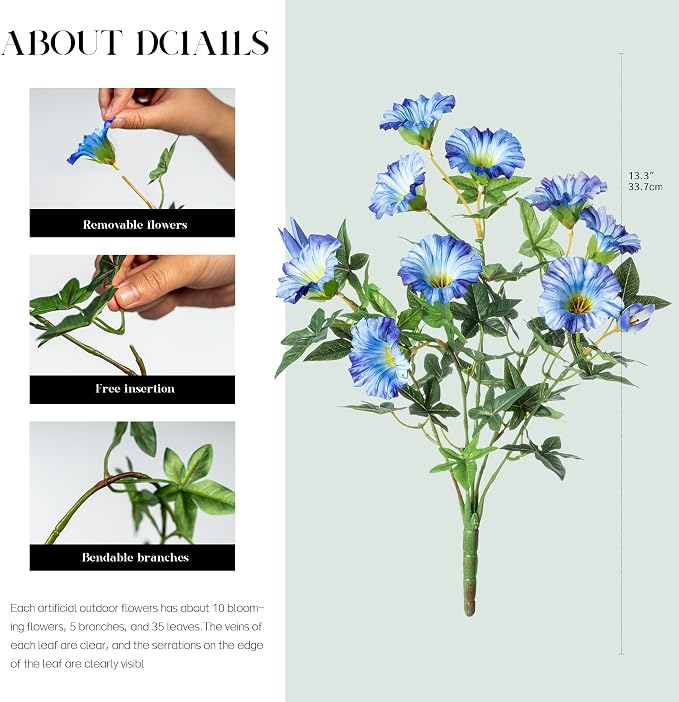 Blue Artificial Morning Glory Flowers for Outdoor Planters, Premium UV Resistant Silk Faux Flowers for Porch, Hanging Basket & Window Box, Lifelike Floral Arrangement, No Pot 13.3“ 8 Bundles