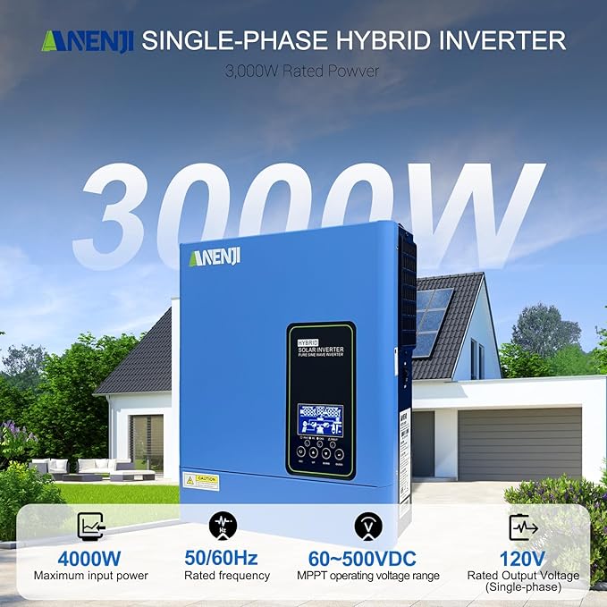 3000W Hybrid Inverter, 24Vdc to 110Vac Solar Inverter Charger Built-in 80A MPPT Controller, Pure Sine Wave PV Power Converter, Supports Battery-Less or AGM Lithium Battery