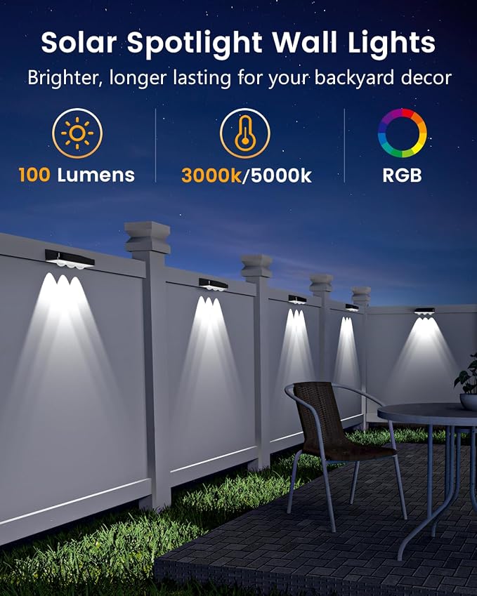 JOFIOS Solar Fence Lights Outdoor Waterproof Led, 1300mAh,16pack,6 inch Solar Lights for Fence with Warm White & RGB 8 Colors,Outdoor Solar Lights for Patio, Backyard, Deck, Railing (Black)