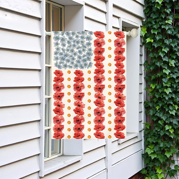 Large Patriotic Poppy House Flag American Flag Floral Gargen Flags Outdoor Double Sided Memorial Day Independence Day Fourth of July Oversized Yard Banner All Season Decor 28 x 40 Inch
