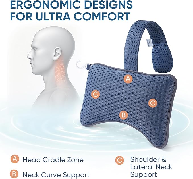2-Pack Large Pillows for Hot Tub (Blue), Spa & Chaise Lounge – Universal Headrest & Neck Support Cushion with Removable Weighted Pouch, Long Strap for Height Adjustment & Easy-Dry Hook